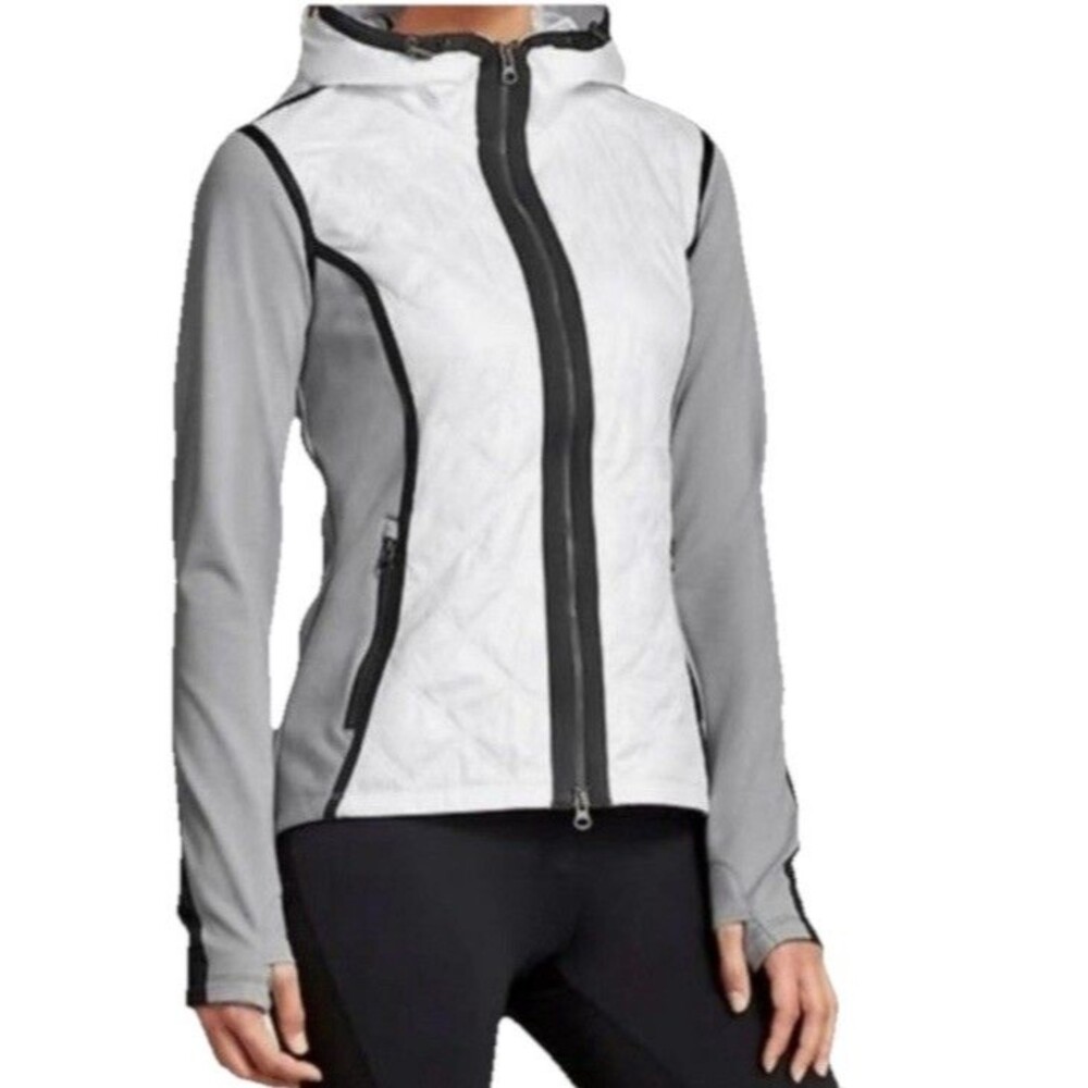 ATHLETA Jacket Womens S White Gray Aries Hooded Quilted Fleece Jacket Full Zip - Picture 2 of 8